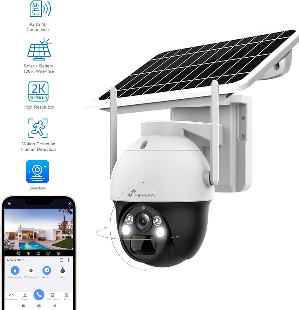 NV-Caméra de Surveillance de sécurité 360º 4G(SIM)+Panneau Solaire